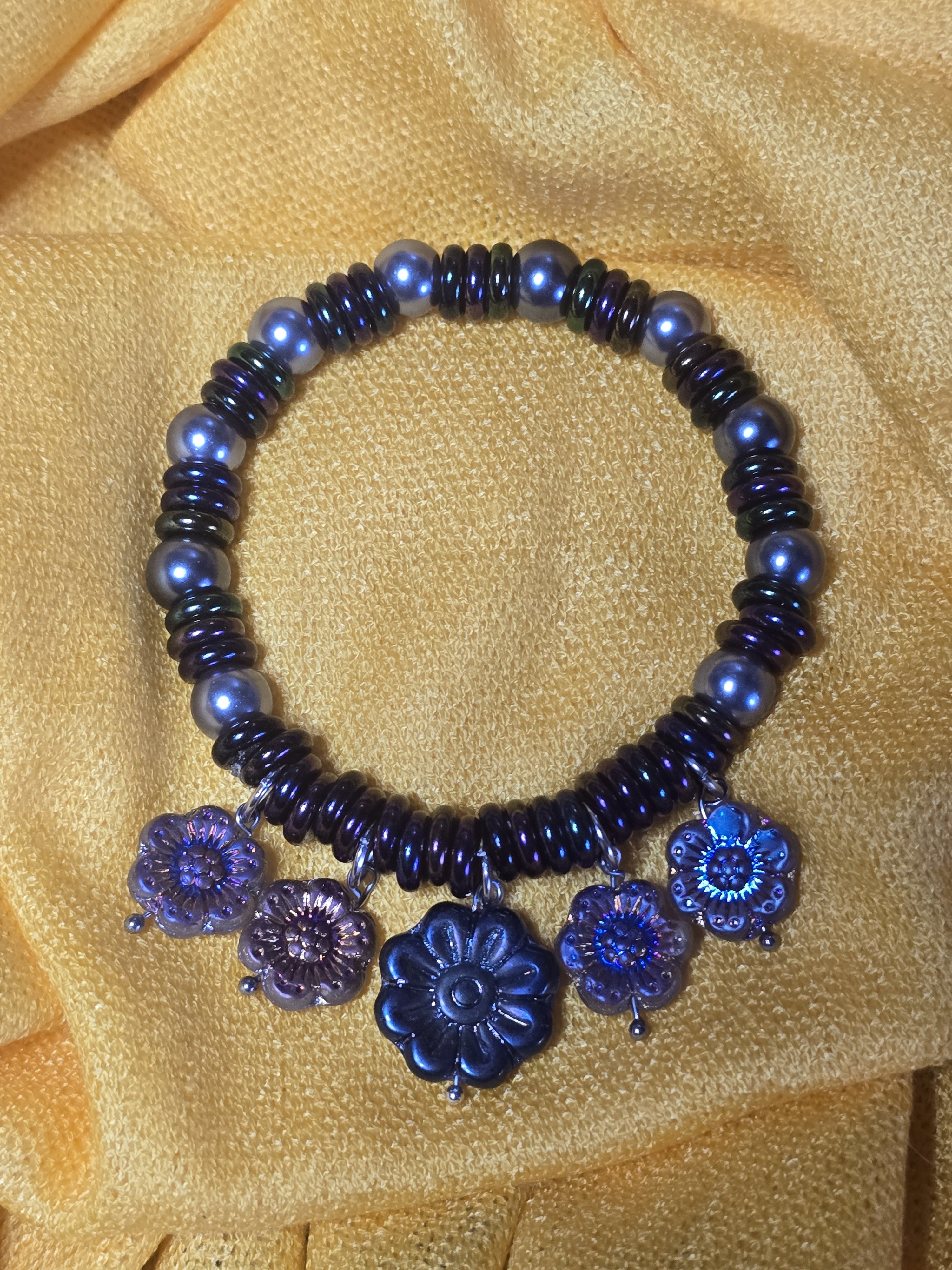 Iridescent Purple Floral Charm Stretch Bracelet